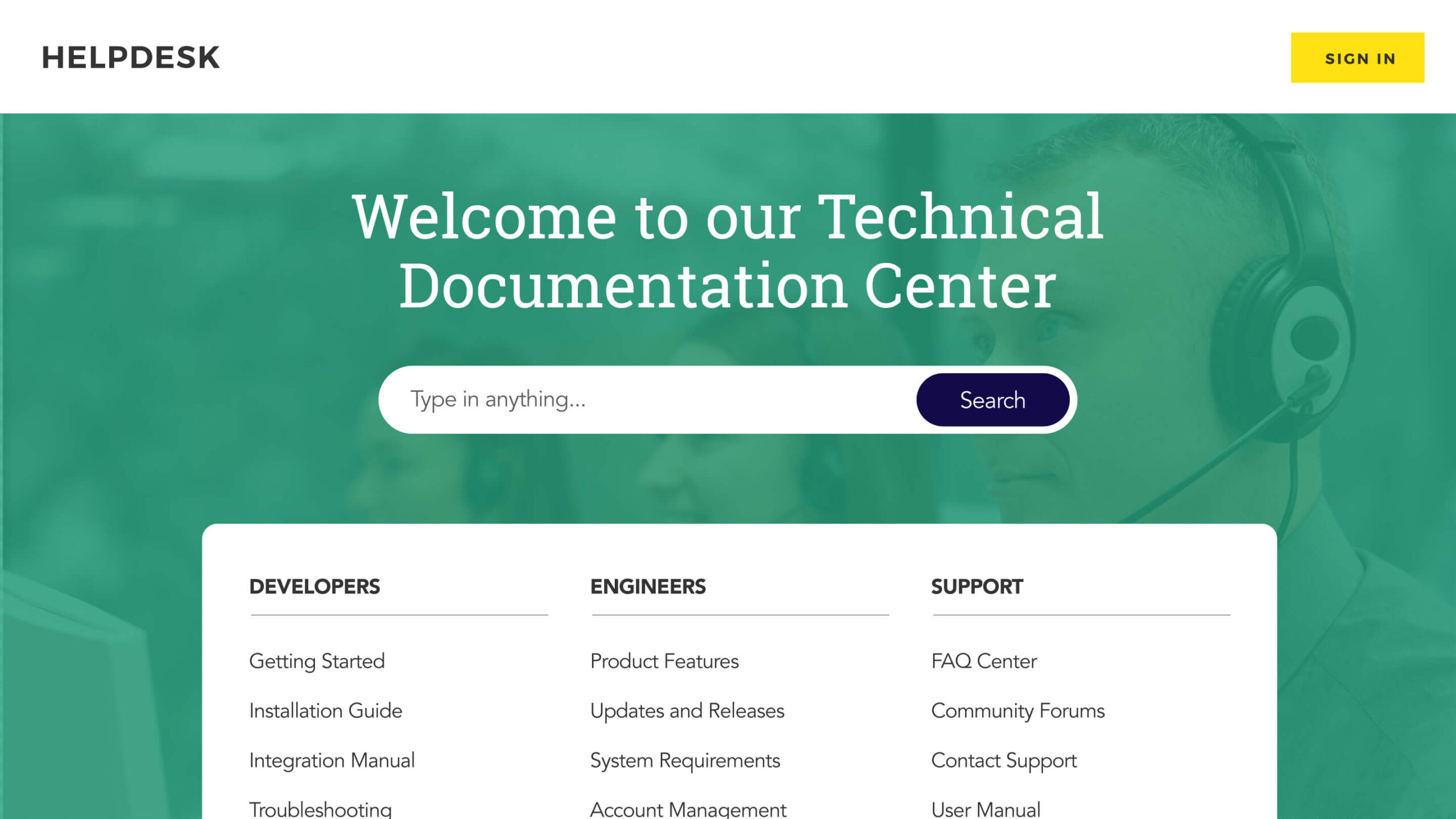 A webpage titled "Welcome to our Technical Documentation Center," featuring a search bar and sections for Developers, Engineers, and Support with various resources listed.