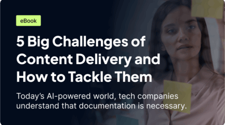 A woman is looking at sticky notes, with text highlighting an eBook about the challenges of content delivery in today's AI-powered world.