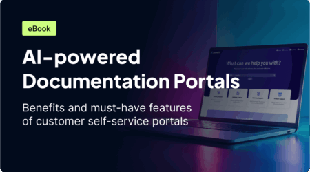A laptop displaying an eBook titled "AI-powered documentation portals," highlighting benefits and features of customer self-service portals.