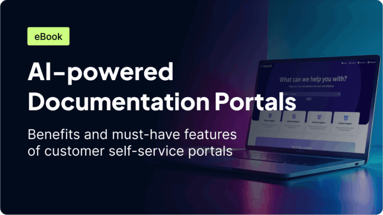 A laptop displaying an eBook titled "AI-powered documentation portals," highlighting benefits and features of customer self-service portals.