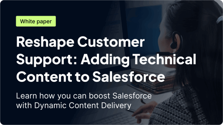 A person wearing a headset is sitting at a computer, with text promoting a white paper about enhancing customer support with technical content in Salesforce.