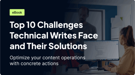 An eBook cover titled "Top 10 challenges technical writers face and their solutions," with a subtitle about optimizing content operations, and visuals of people collaborating in an office setting.