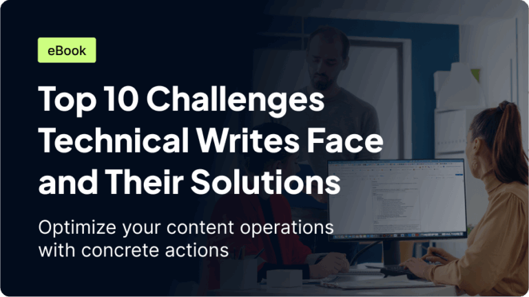 An eBook cover titled "Top 10 challenges technical writers face and their solutions," with a subtitle about optimizing content operations, and visuals of people collaborating in an office setting.