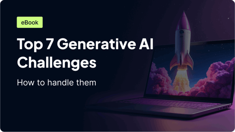 An eBook cover titled "Top 7 generative AI challenges" with a subtitle "How to handle them," featuring a laptop with a rocket launching from the screen.
