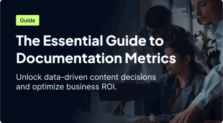 A promotional graphic for a guide on documentation metrics, featuring text about optimizing business ROI through data-driven content decisions.
