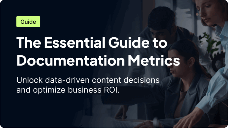 A promotional graphic for a guide on documentation metrics, featuring text about optimizing business ROI through data-driven content decisions.
