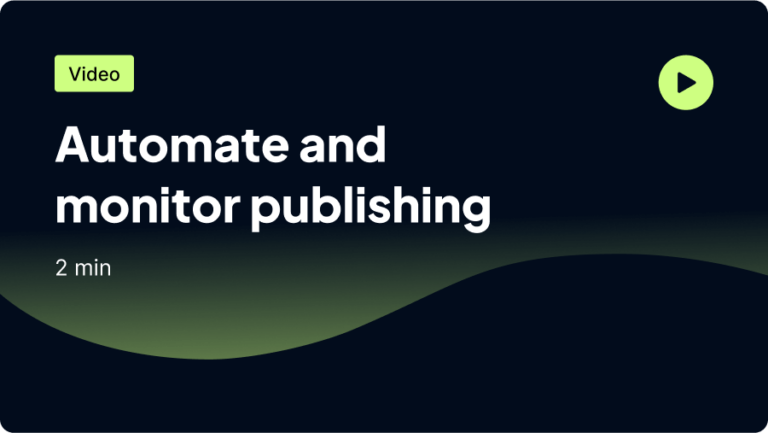 Video thumbnail 'Automate and Monitor Publishing,' 2 min, on dark background with play button.