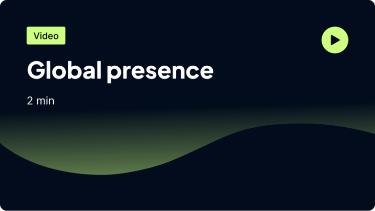 A graphic for a video titled "Global presence," with a duration of 2 minutes and a play button.