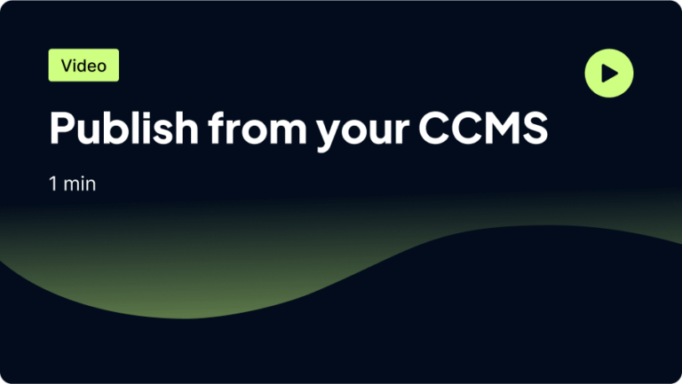 A graphic promoting a video titled "Publish from your CCMS," indicating a duration of 1 minute.