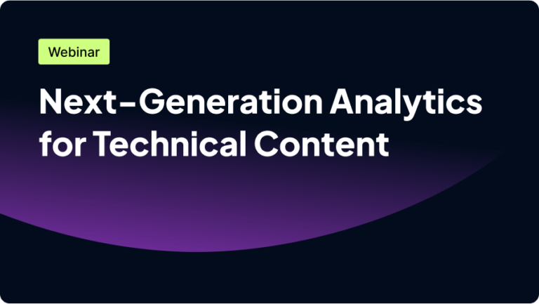 A promotional image for a webinar titled "Next-Generation Analytics for Technical Content." The background features a gradient from dark to light purple, with the word "Webinar" in a green box.