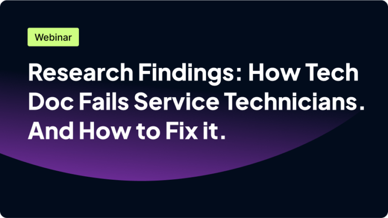 A promotional graphic for a webinar titled "Research Findings: How Tech Doc Fails Service Technicians. And How to Fix it."