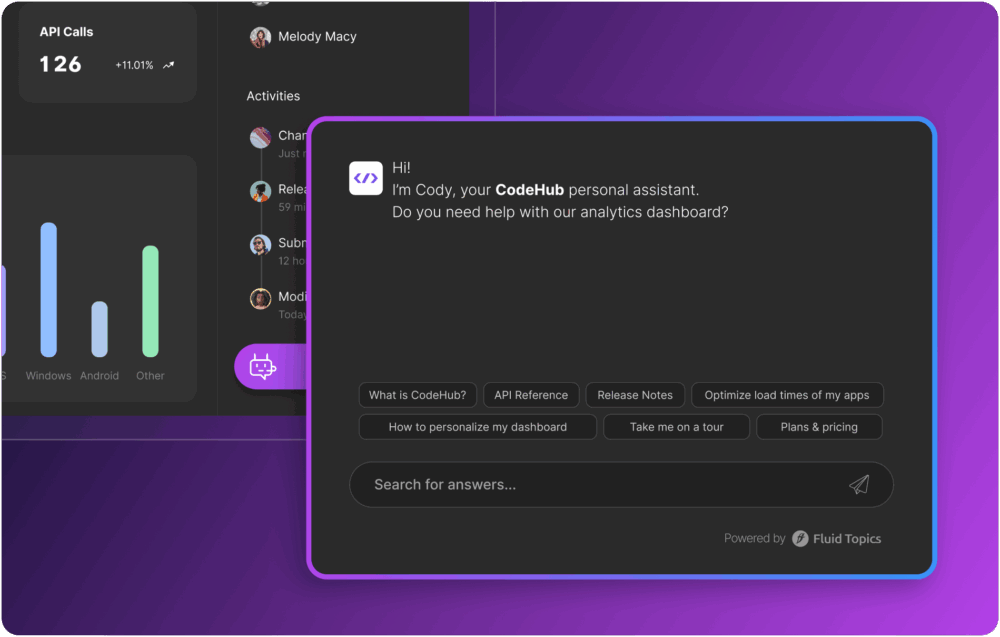 A user interface displaying an AI assistant for CodeHub, with sections for API calls, user activities, and options for assistance.