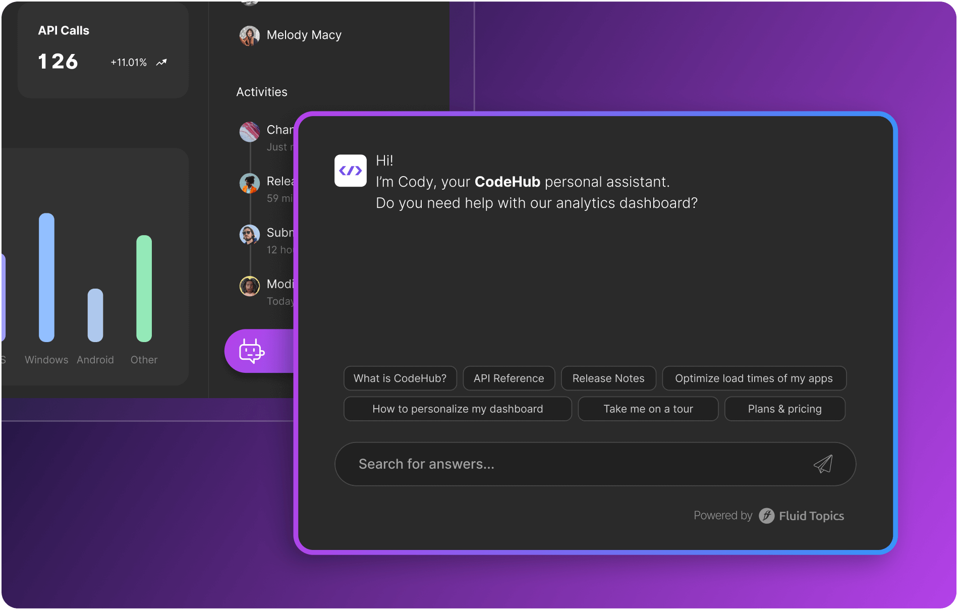 A user interface displaying an AI assistant for CodeHub, with sections for API calls, user activities, and options for assistance.