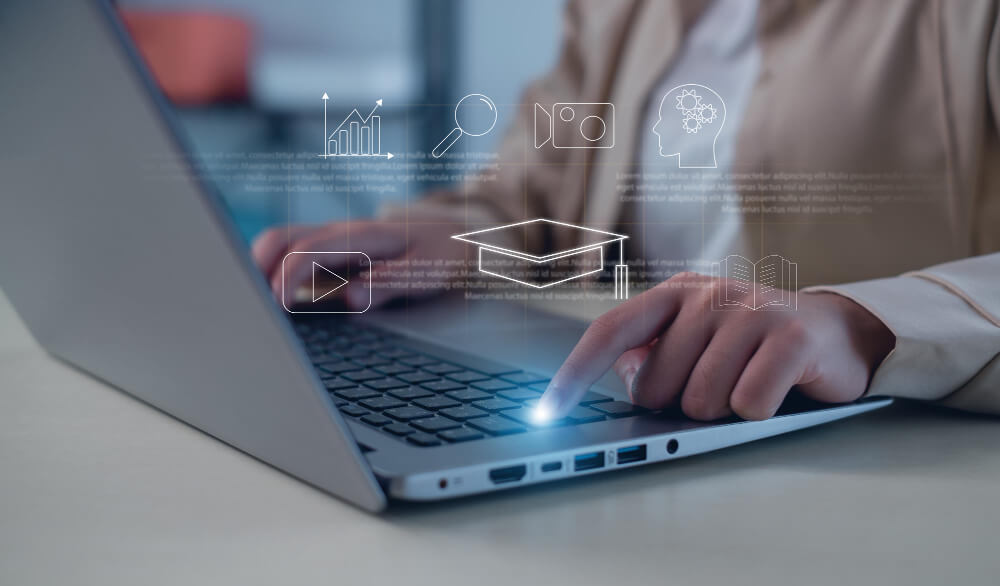 Digital icons of metrics, content, and learning systems over a person typing on laptop.
