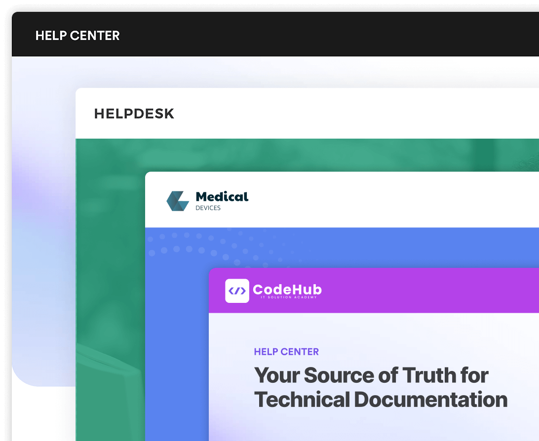 A digital interface showing multiple layers of help center pages, including "Help Center," "Helpdesk," and "Medical Devices," with a focus on "CodeHub" featuring "Your Source of Truth for Technical Documentation."