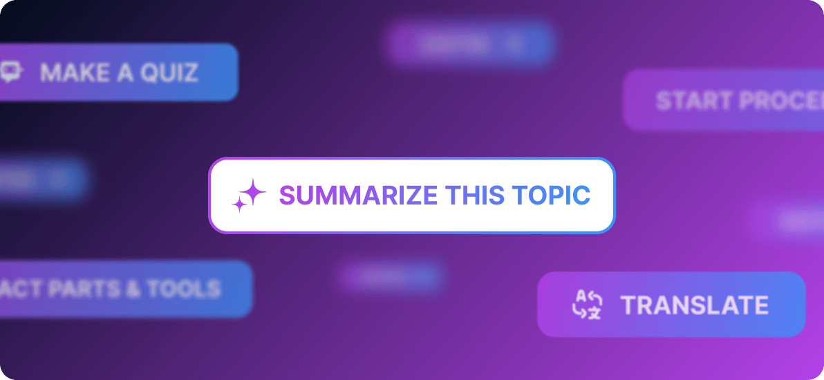A graphic featuring various buttons and options, including "SUMMARIZE THIS TOPIC," "MAKE A QUIZ," "START PROCESS," "TRANSLATE," and "CONTACT PARTS & TOOLS," set against a purple background.