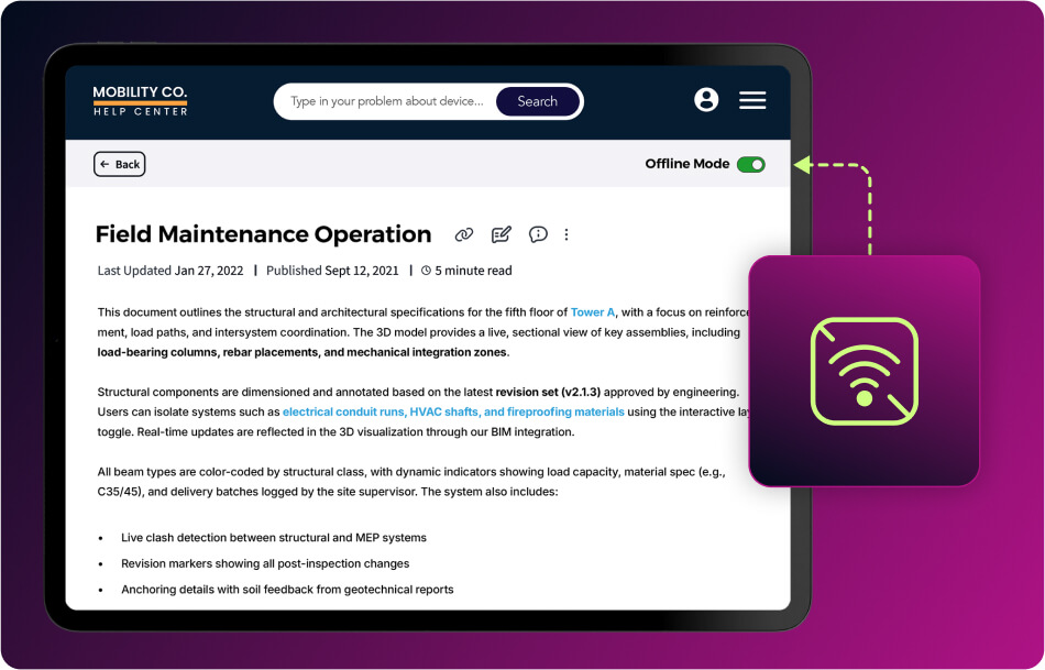 A tablet screen displaying a document titled "Field Maintenance Operation" with information about structural specifications for Tower A. It includes features for offline mode and highlights various system components and updates.