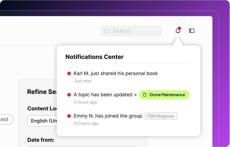 A notifications center displaying recent updates, including messages about a shared book, a topic update and a new group member.