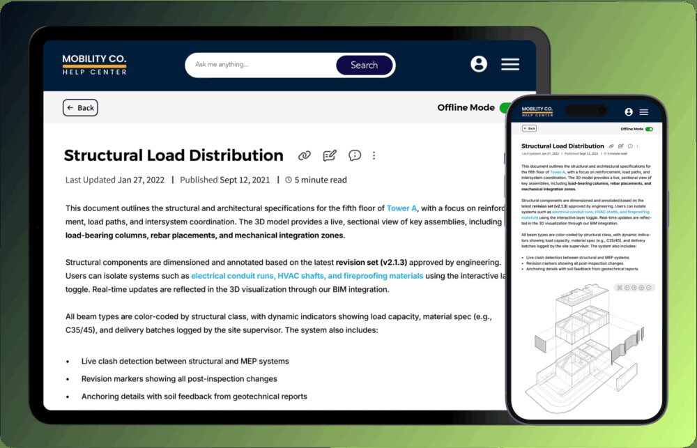 The image shows a digital document titled "Structural Load Distribution" displayed on a tablet and smartphone. It outlines structural and architectural specifications for a building, including load paths and integration details, with 3D models and features for user interaction.
