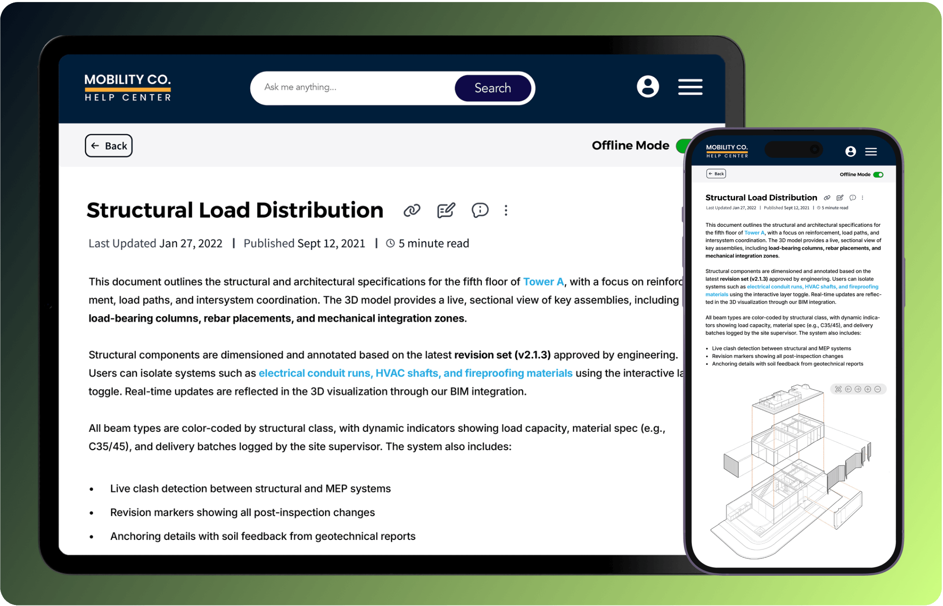 The image shows a digital document titled "Structural Load Distribution" displayed on a tablet and smartphone. It outlines structural and architectural specifications for a building, including load paths and integration details, with 3D models and features for user interaction.