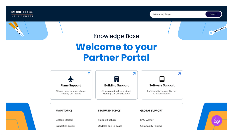 A webpage titled "Welcome to your Partner Portal" for Mobility Co., featuring sections for Plane, Building, and Software Support, along with main topics and support resources.