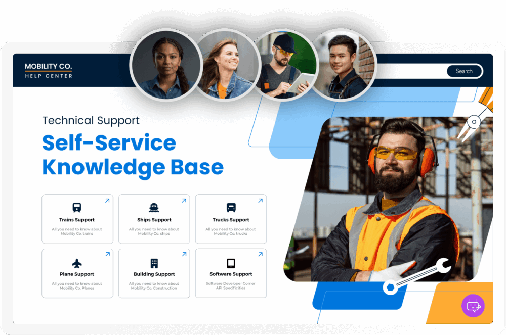 An illustration of a technical support self-service knowledge base for "Mobility Co." featuring service categories like trains, ships, trucks, planes, building, and software support. There are four diverse individuals depicted in circular images, and one man in work attire and safety gear stands prominently in the foreground.
