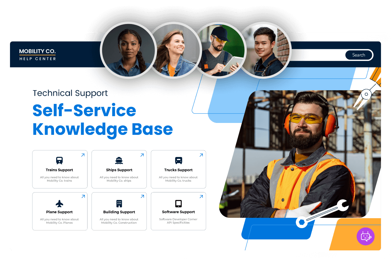An illustration of a technical support self-service knowledge base for "Mobility Co." featuring service categories like trains, ships, trucks, planes, building, and software support. There are four diverse individuals depicted in circular images, and one man in work attire and safety gear stands prominently in the foreground.