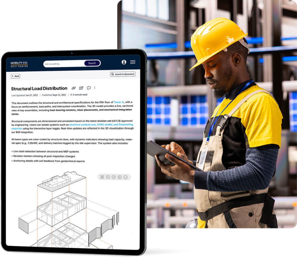 A construction worker in a yellow hard hat and work attire is using a tablet to review a document, which outlines architectural specifications and structural components for a building project.