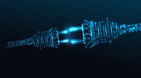 A blue electric plug about to connect to a socket, the plug and socket are made of glowing dots and lines, dark background.
