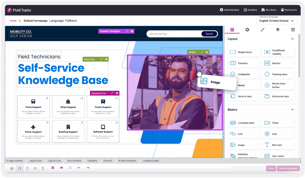 A webpage layout for the "Mobility Co. Help Center," featuring a section titled "Self-Service Knowledge Base," with options for support on various topics like trains, ships, and trucks. An area to add an image is highlighted, and there are options for layout and functionality on the right side.