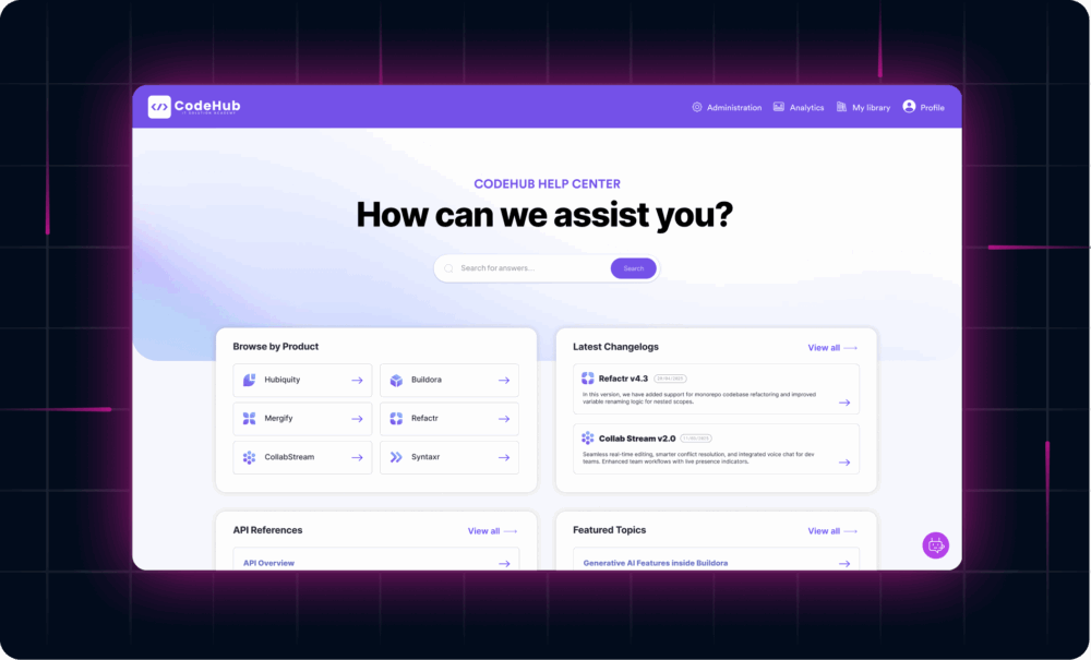 The image displays a webpage for the CodeHub Help Center, featuring sections for browsing products, API references, latest changelogs, and featured topics related to software documentation.