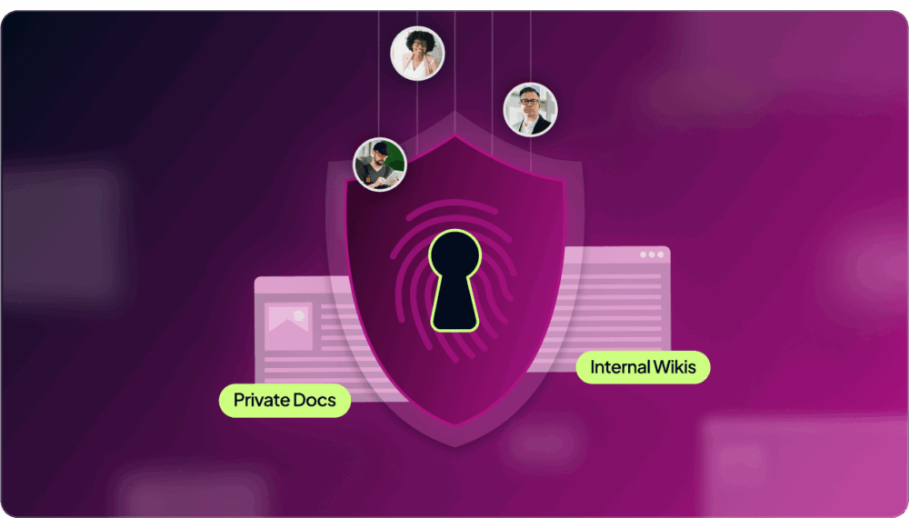 An illustration featuring a purple shield with a keyhole, symbolizing security. Above the shield are three icons of people, and text labels reading "Private Docs" and "Internal Wikis" are positioned on either side of the shield.
