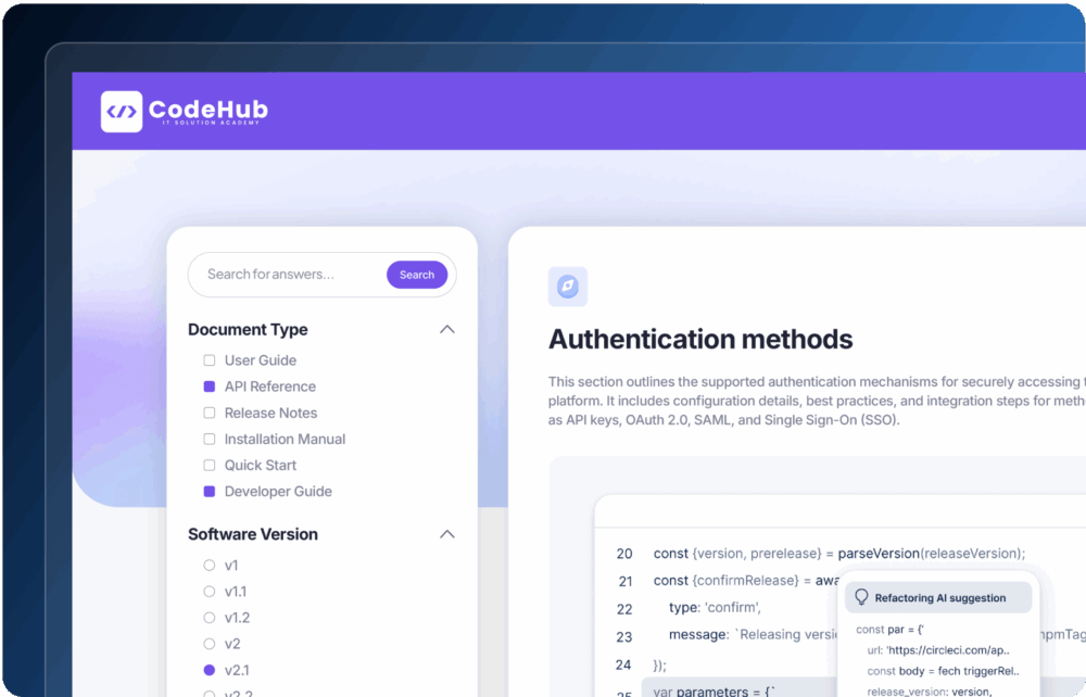 A screenshot of the CodeHub documentation interface, featuring sections on authentication methods, document types, and software versions, with code snippets and a search function.