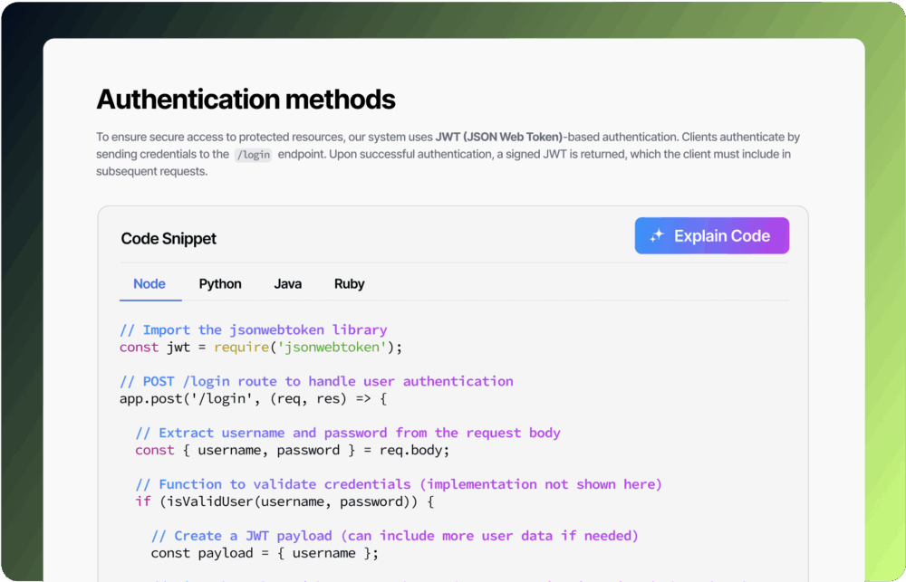 The image shows a documentation section on authentication methods using JWT (JSON Web Token), featuring a code snippet in multiple programming languages (Node, Python, Java, Ruby) that outlines user authentication implementation.