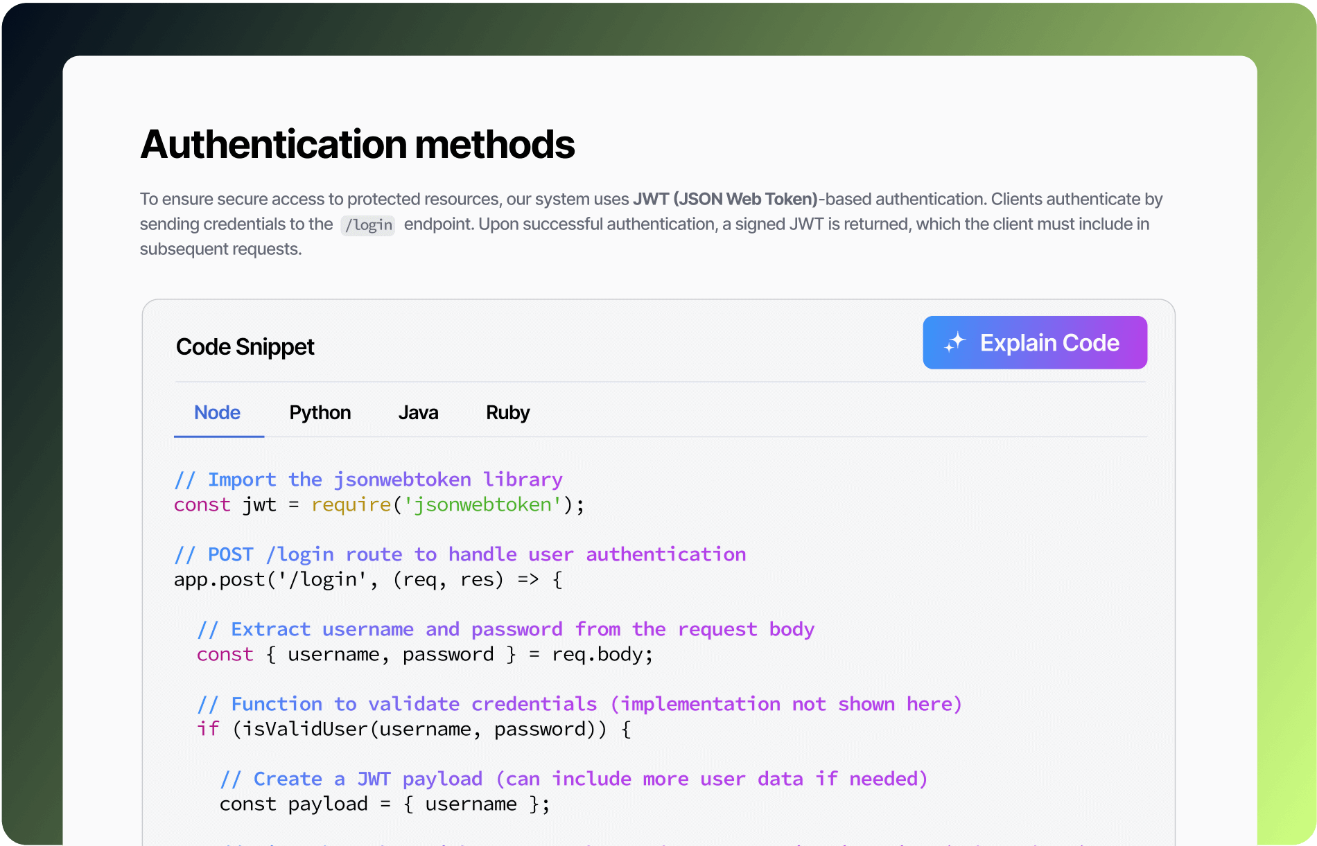 The image shows a documentation section on authentication methods using JWT (JSON Web Token), featuring a code snippet in multiple programming languages (Node, Python, Java, Ruby) that outlines user authentication implementation.
