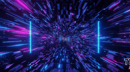 Futuristic neon tunnel visual with digital motion effect and Tech Rocks logo.