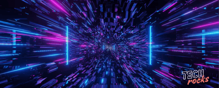 Futuristic neon tunnel visual with digital motion effect and Tech Rocks logo.