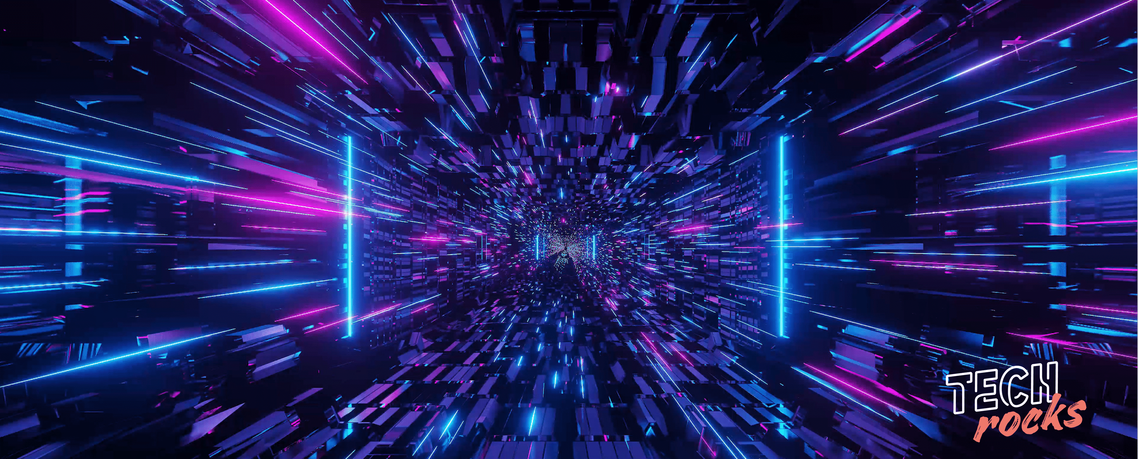 Futuristic neon tunnel visual with digital motion effect and Tech Rocks logo.
