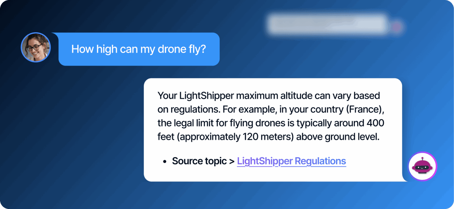 A chat interface showing a user asking for maintenance information about a Lightshipper Drone V2, with a response that includes a maintenance guide and key points about drone upkeep.