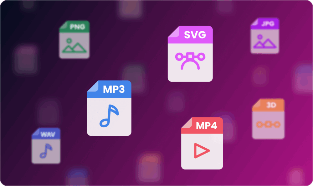 Icons representing different file types, including PNG, JPG, SVG, WAV, MP3, MP4, and 3D files, are displayed against a blurred purple and pink gradient background.