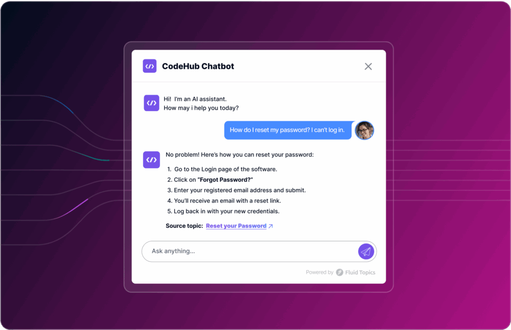 A digital illustration shows a CodeHub logo, arrows indicating data flow, and a chatbot interface where a user asks for a tutorial and the bot replies with a link. The background is purple with gradient effects.