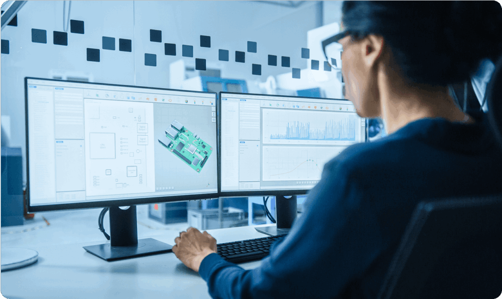 A person is seated at a desk using two computer monitors displaying a circuit board design and data graphs.