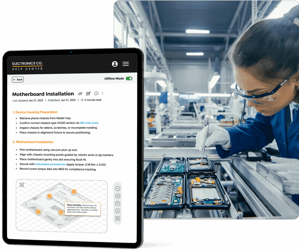 A woman in protective eyewear is assembling smartphones on a production line, while a tablet displays a motherboard installation guide.