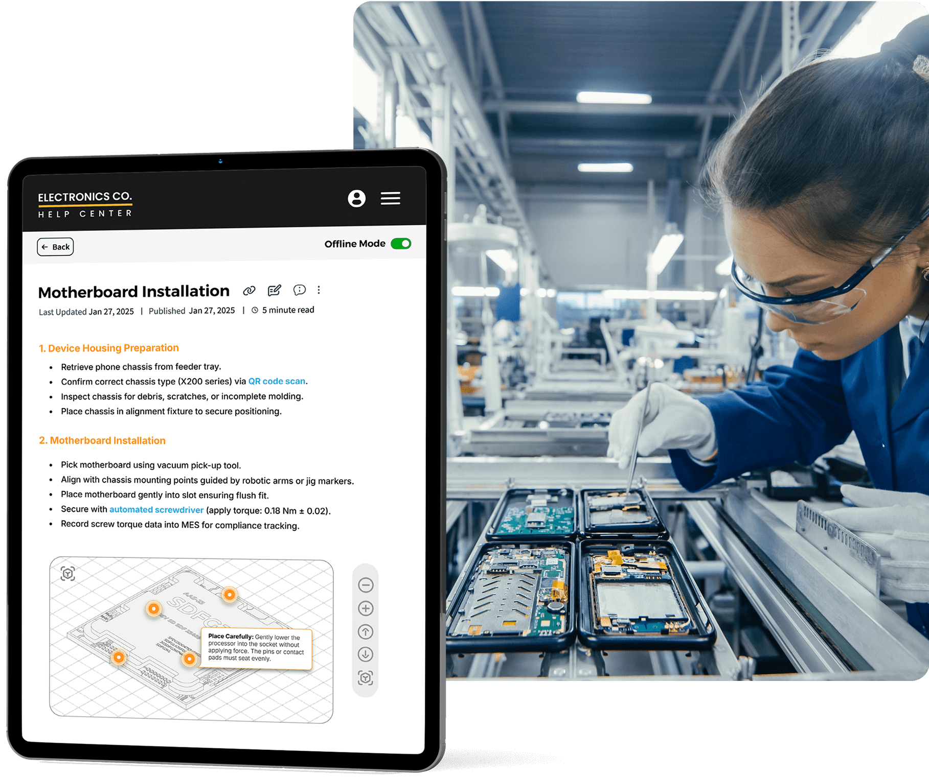 A woman in protective eyewear is assembling smartphones on a production line, while a tablet displays a motherboard installation guide.