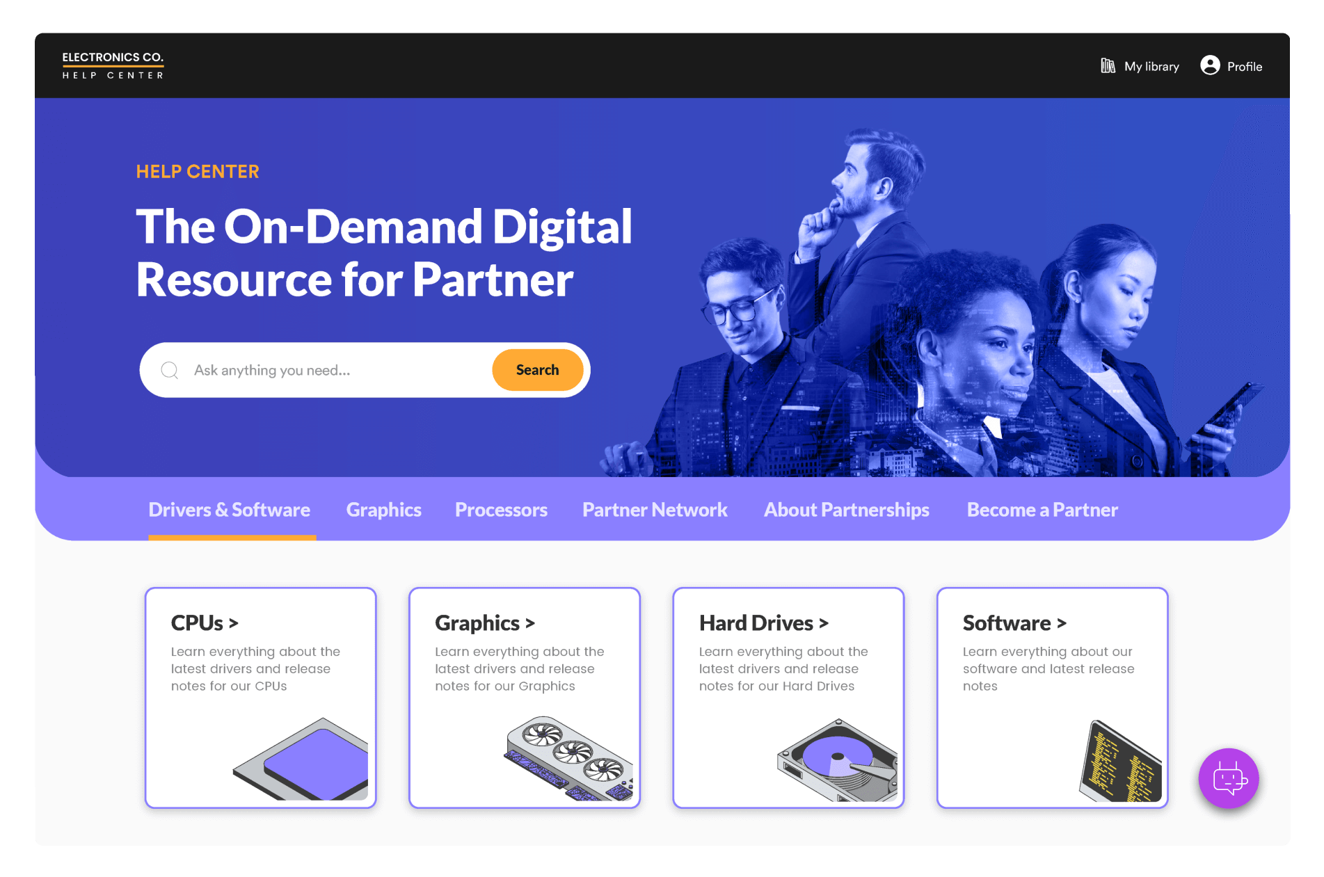 A digital help center webpage for Electronics Co. featuring a search bar, sections for CPUs, Graphics, Hard Drives, and Software, along with visuals of diverse professional individuals.