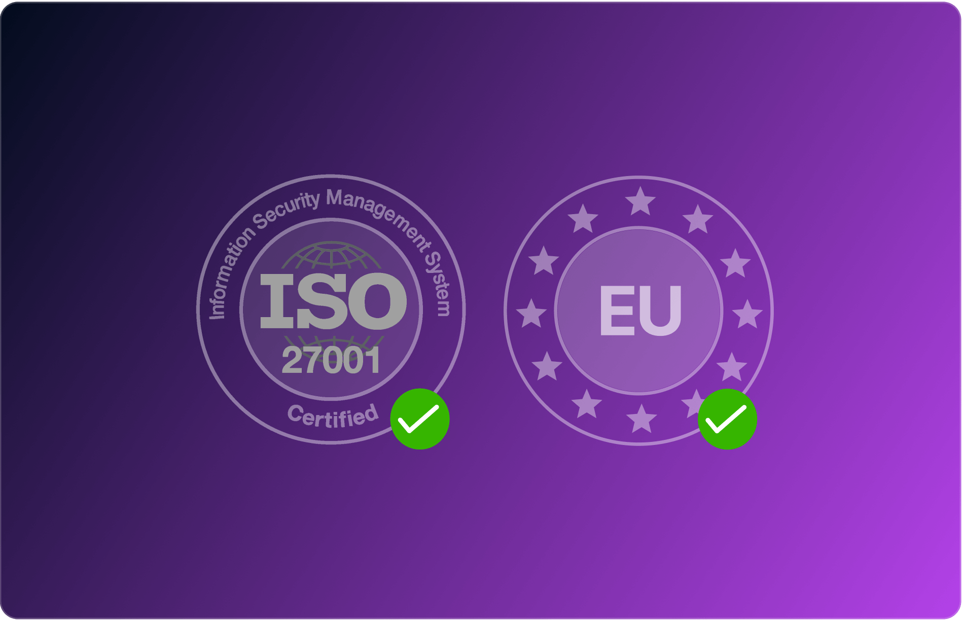 The image features two certification logos: one for ISO 27001 (Information Security Management System) and another for EU compliance, both with green check marks indicating certification. The background is purple.