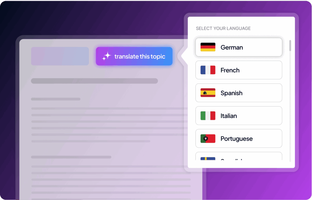 A user interface displaying a "translate this topic" button and a language selection menu with options including German, French, Spanish, Italian, Portuguese, and others.