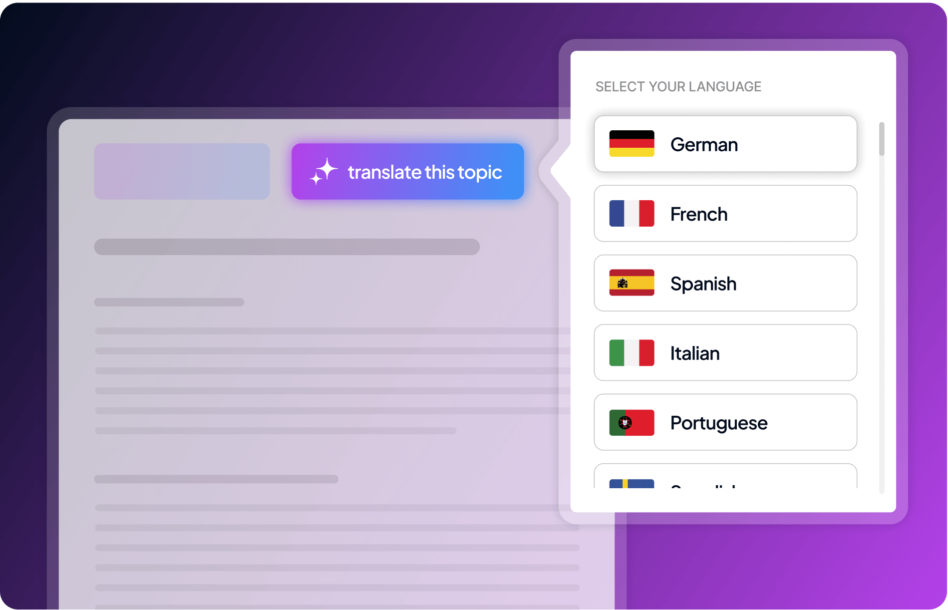A user interface displaying a "translate this topic" button and a language selection menu with options including German, French, Spanish, Italian, Portuguese, and others.