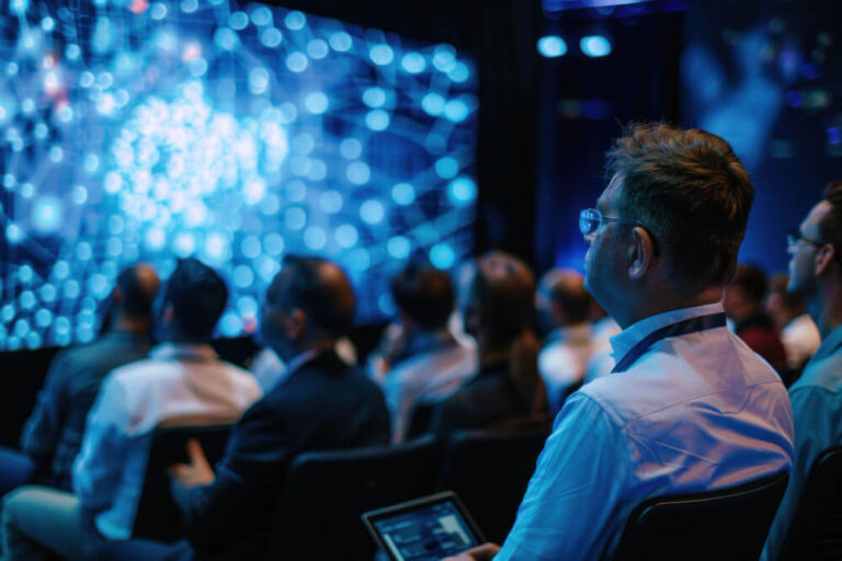 Group of people sitting and watching presentation on large screen in conference room.