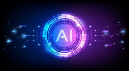 Futuristic digital art of the letters "AI" in a glowing circular design. Surrounded by blue and purple circuits.